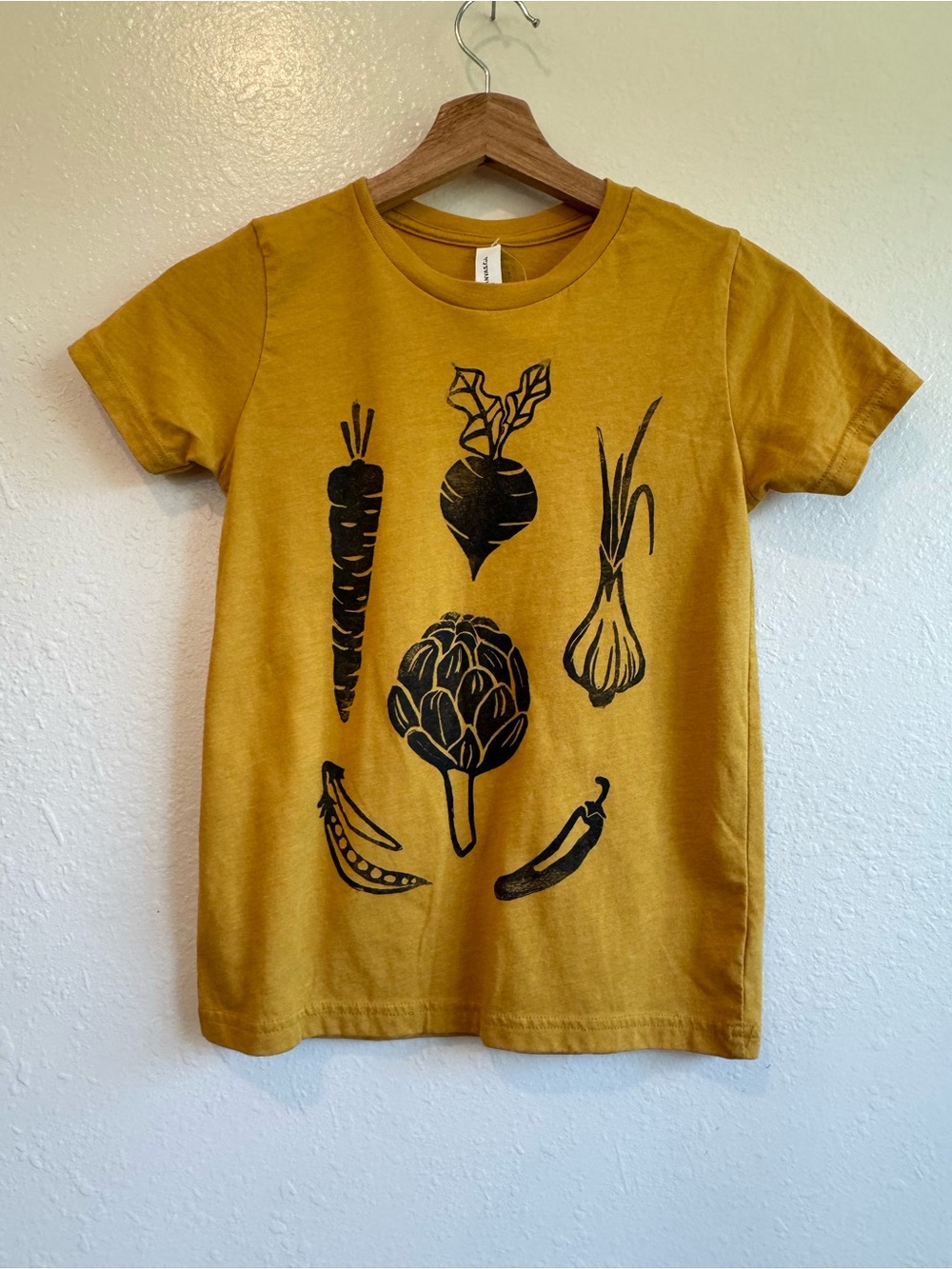 New | Upcycled Kids Bella Canvas Mustard Yellow Veggie Print Graphic Tee